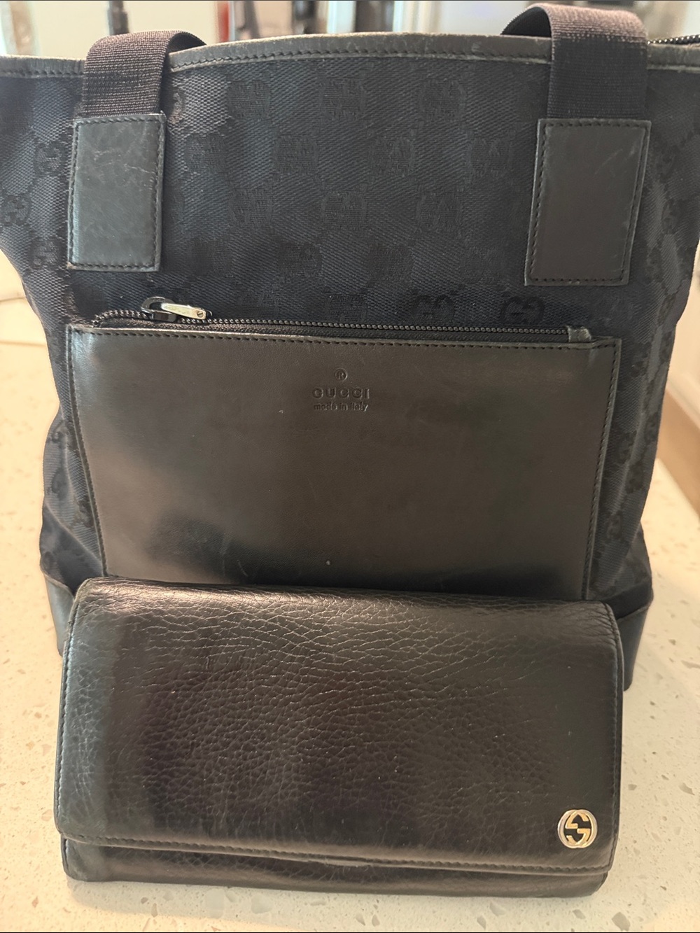 Gucci Black Monogram Tote with Black Leather Pouch and Wallet